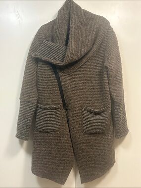 Ribbed Asymmetrical Zip Hooded Sweater Coatigan - Brown